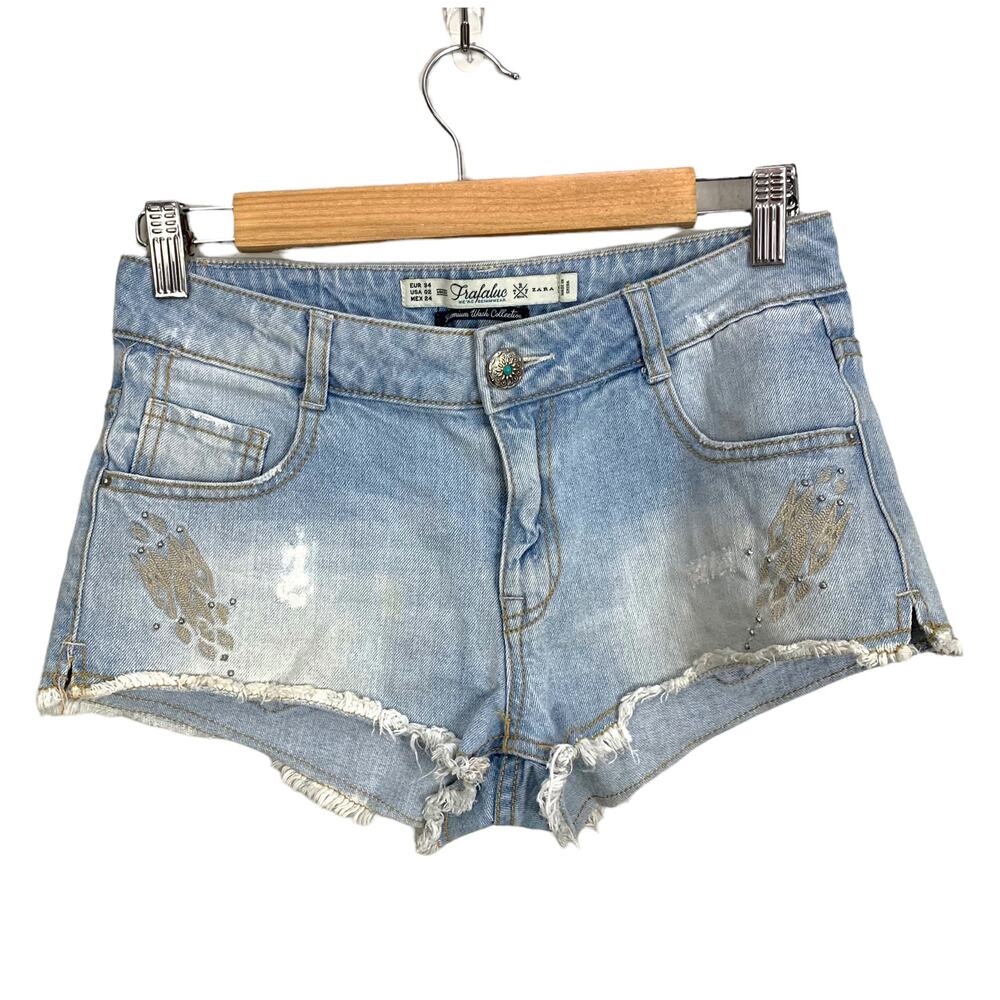 Zara Embellished Cutoff Distressed Jean Denim Shorts 2 XS